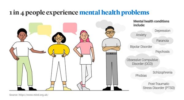 An illustration showing that 1 in 4 experience mental health problems and examples of conditions.