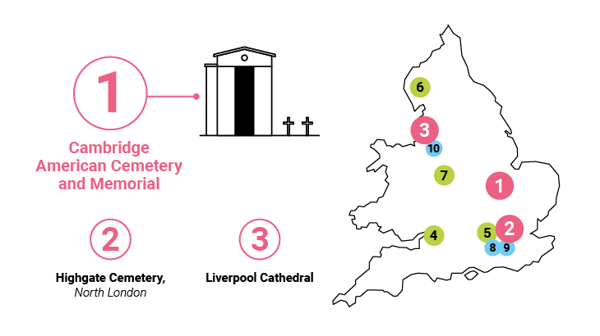 Map of England cemeteries
