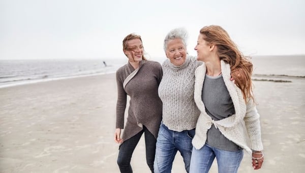 Grandmother, mother and daughters walking on beach